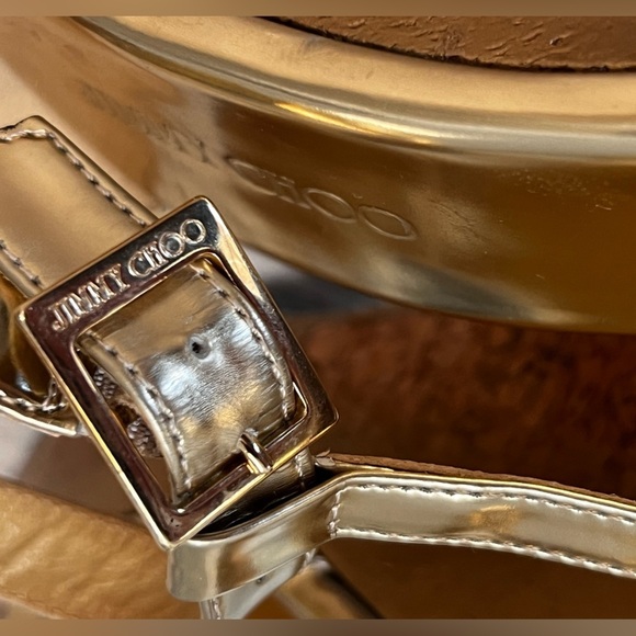 Jimmy Choo Gold shoes Patent Leather Cork Wedge T Strap Sandals Size 36 USA 6 - Picture 10 of 16